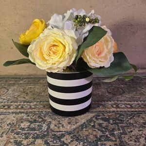 Faux Flower Arrangement With Striped Vase Yellow White Flowers